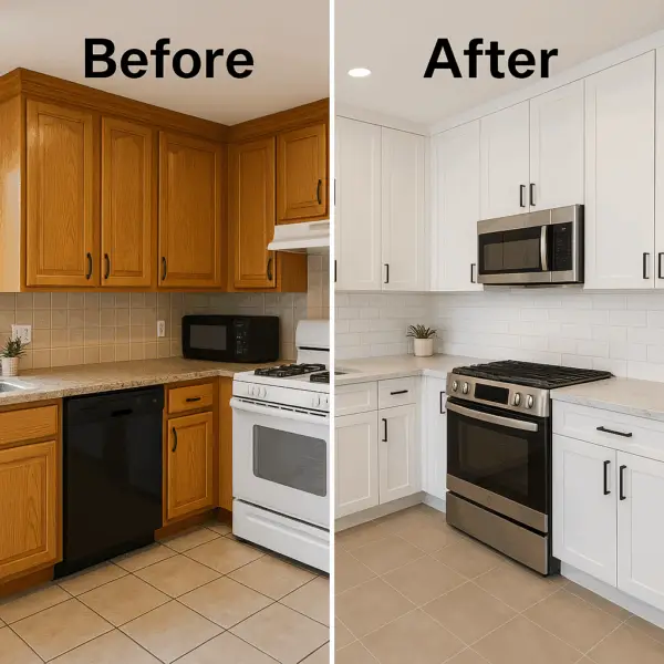 Refacing 2 Before and after kitchen transformation with cabinet refacing, upgraded appliances, and modern white finish.